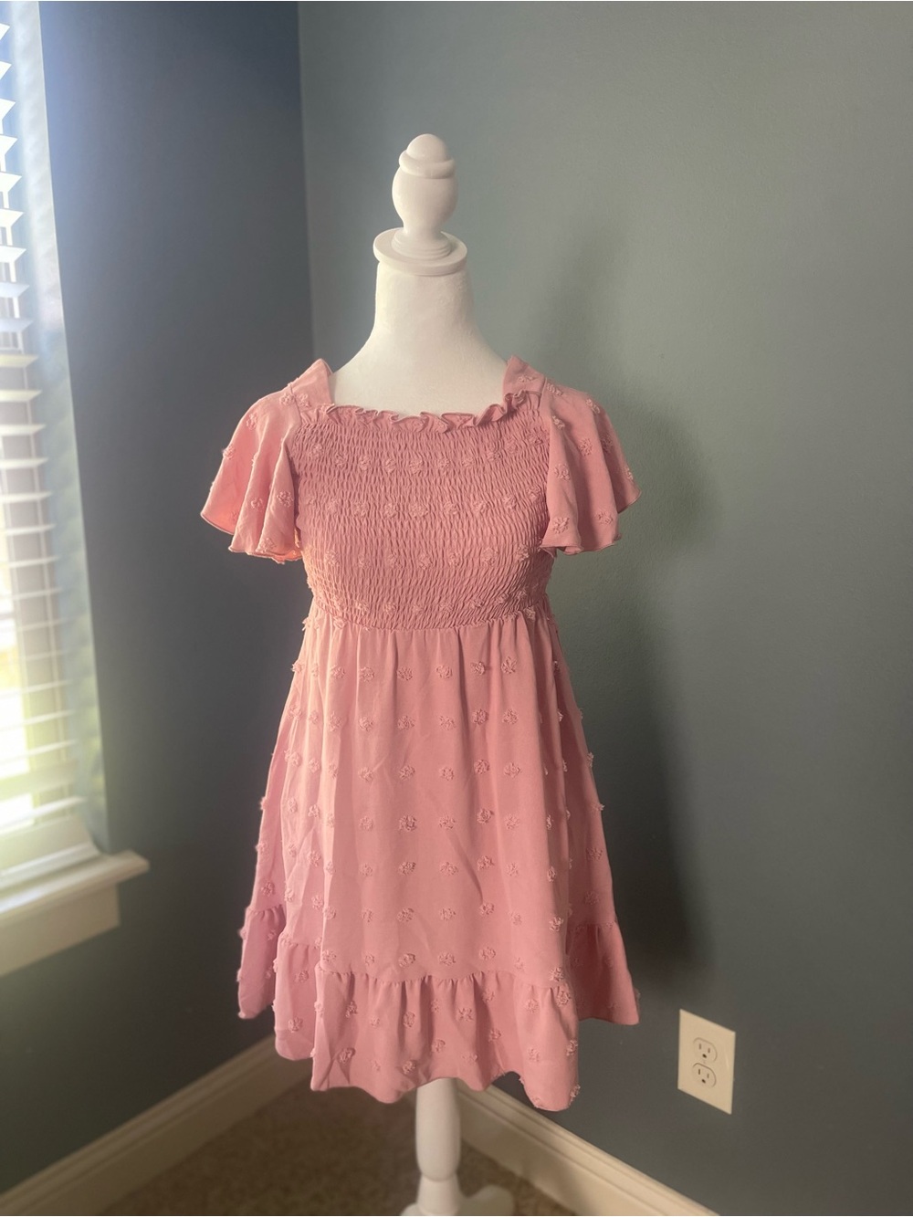 Girls Pink Swiss Dot Smocked Dress Flutter Sleeve Ruffle Hem Size XL 10-11Y